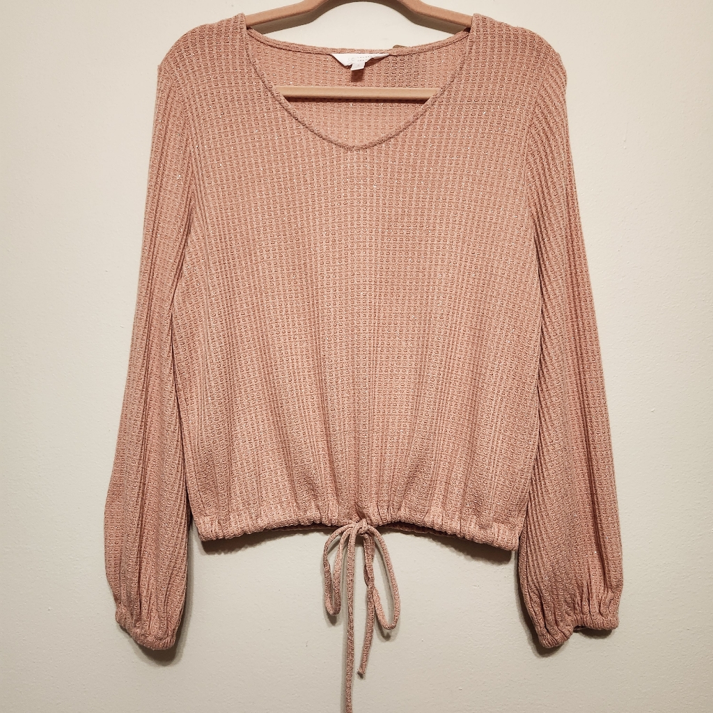 Lc Pink Metallic Waffle Knit Vneck Cinch Waist Long Sleeve Top